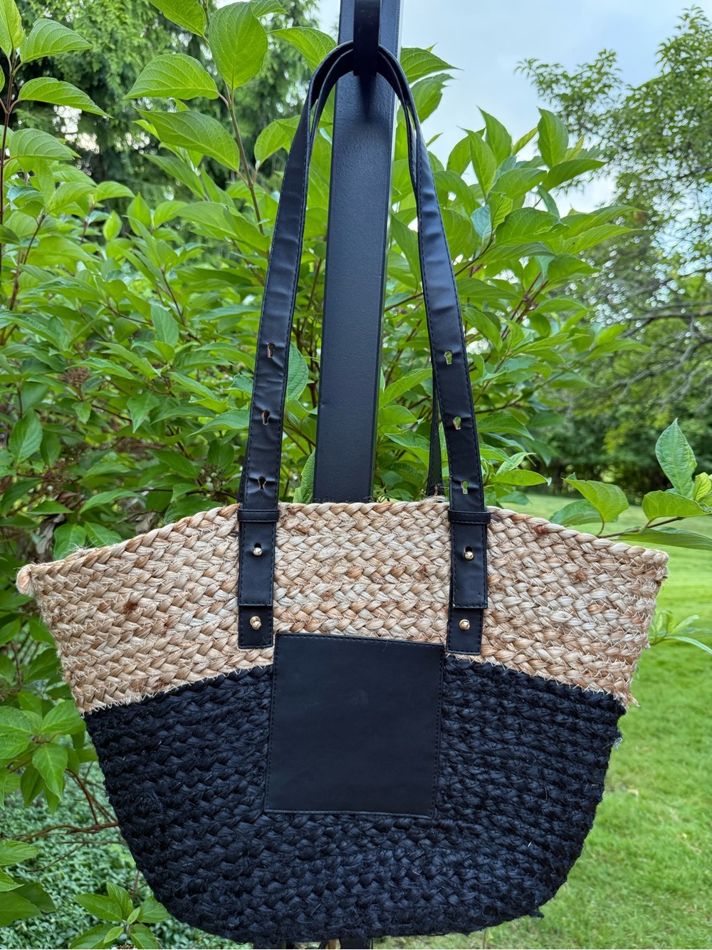 Woven Two-Tone Straw Tote Bag with Black Trim